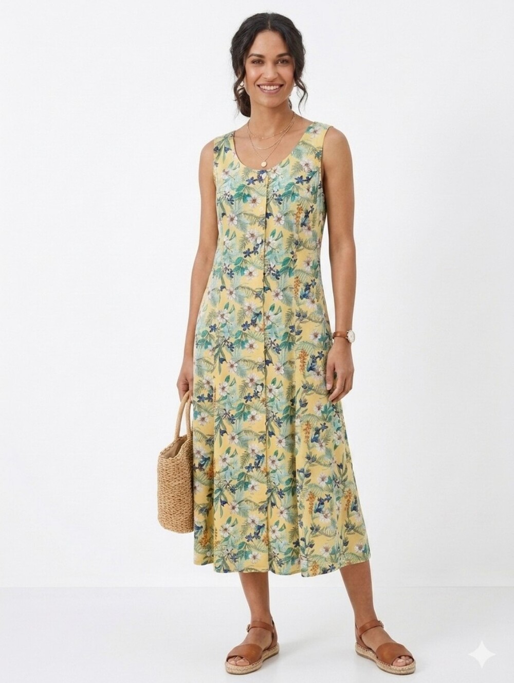 Vintage Boho Koret Front Button Dress Medium Yellow Floral Maxi Sleeveless Dress